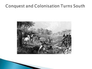 Shows a picture of an armed conflict between uniformed colonists and Australian Indigenous people