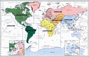 Wold map showing how the world is divided into US Department of Defence Commands